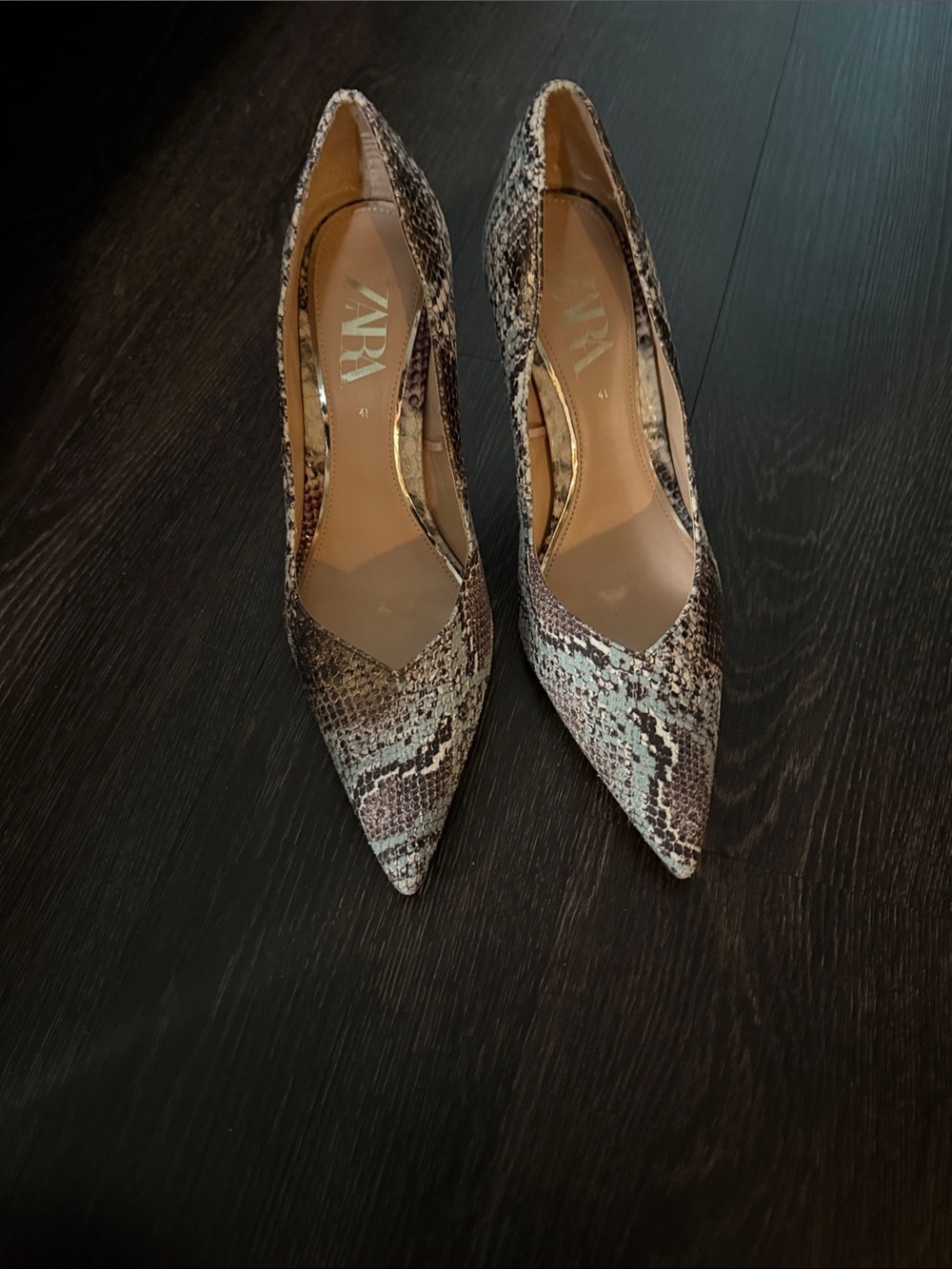 ZARA Snake-Print Pointed Toe Pumps - Brown and Cream